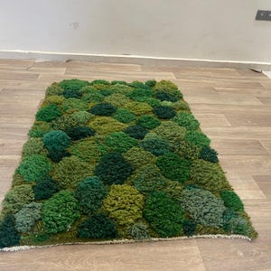 May include: A rectangular rug with a textured surface, featuring a pattern of varying shades of green, resembling a mossy landscape. The rug is placed on a light brown wooden floor.