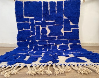Handmade Wool Beni Ourain Rug, Blue Striped Moroccan Rug, 8x10