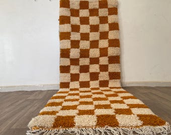 Handmade Wool Moroccan Runner Rug – Burnt Orange Checkered Design