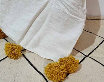 Handwoven Moroccan Cotton Pom Pom Blanket: Bohemian Bedding