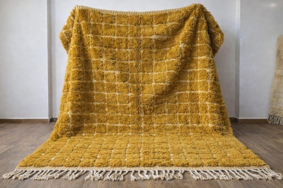 Handmade Moroccan Rug | Moroccan Rug Mustard Yellow Raised Check Squares | Handmade Wool Berber Carpet, Thai Curry Boho Living Room Area Rug