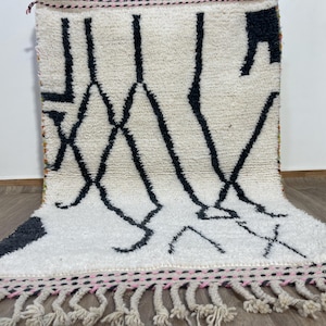 Alfombra marroquí, alfombra para sala de estar, alfombra de área de 8x10, alfombra marroquí a rayas, alfombra de lana marroquí hecha a mano, alfombra bereber blanca y negra, alfombra Beni Ourain