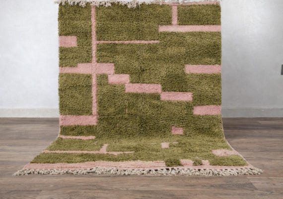 MORROCAN RUG, Soft Beni Ourain Rug, High-Quality Moroccan Wool Rug, Pink & Green Rug, Custom Size Area Rug, Handmade Berber Carpet