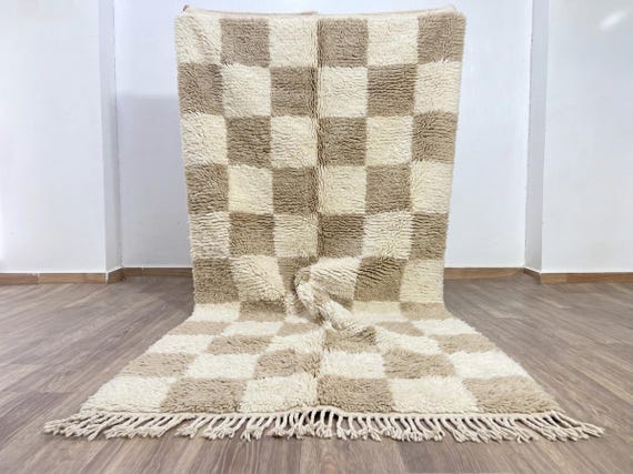 Ivory & Taupe Checkerboard Shag Rug - Handmade Moroccan Wool Carpet - Custom Minimalist Geometric Rug - Soft Texture Shaggy Area Rug