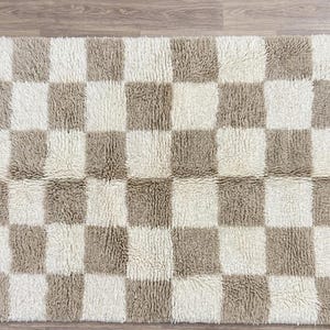 May include: A rectangular, checkered rug with a neutral color palette. The rug features a pattern of alternating beige and off-white squares. The rug has a shaggy texture and fringe detailing along the edges. The rug is designed for home decor.