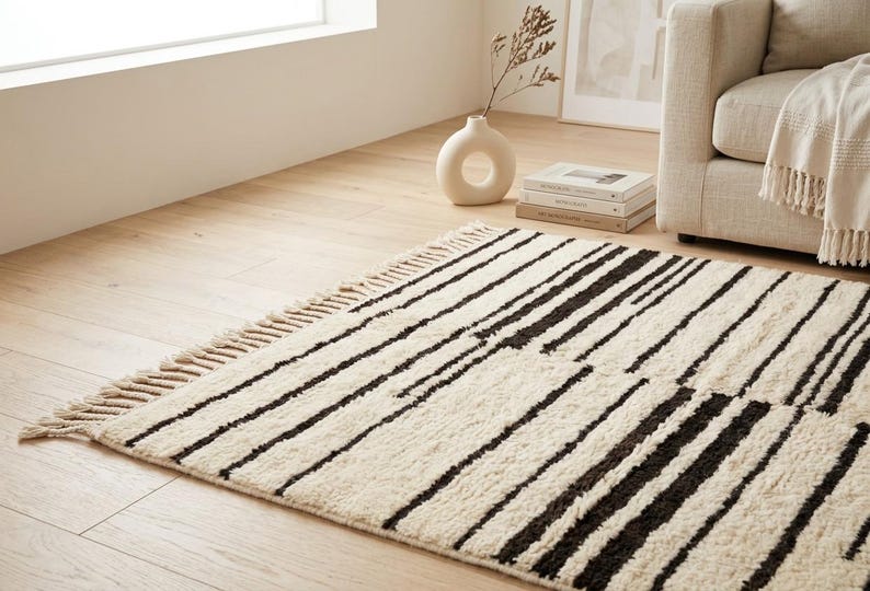 May include: A rectangular area rug featuring a cream-colored base with a pattern of dark brown horizontal stripes of varying widths. The rug has a textured, shaggy pile and is finished with short, knotted fringe along the shorter edges.