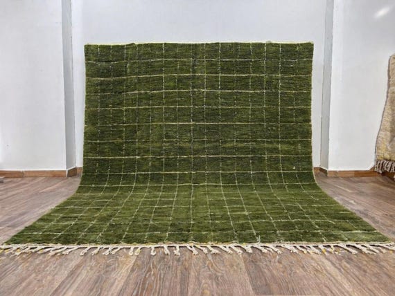 Army Green Moroccan Rug – Handmade Berber Wool Rug, Minimalist Grid Carpet, Custom Size Area Rug for Living Room & Bedroom