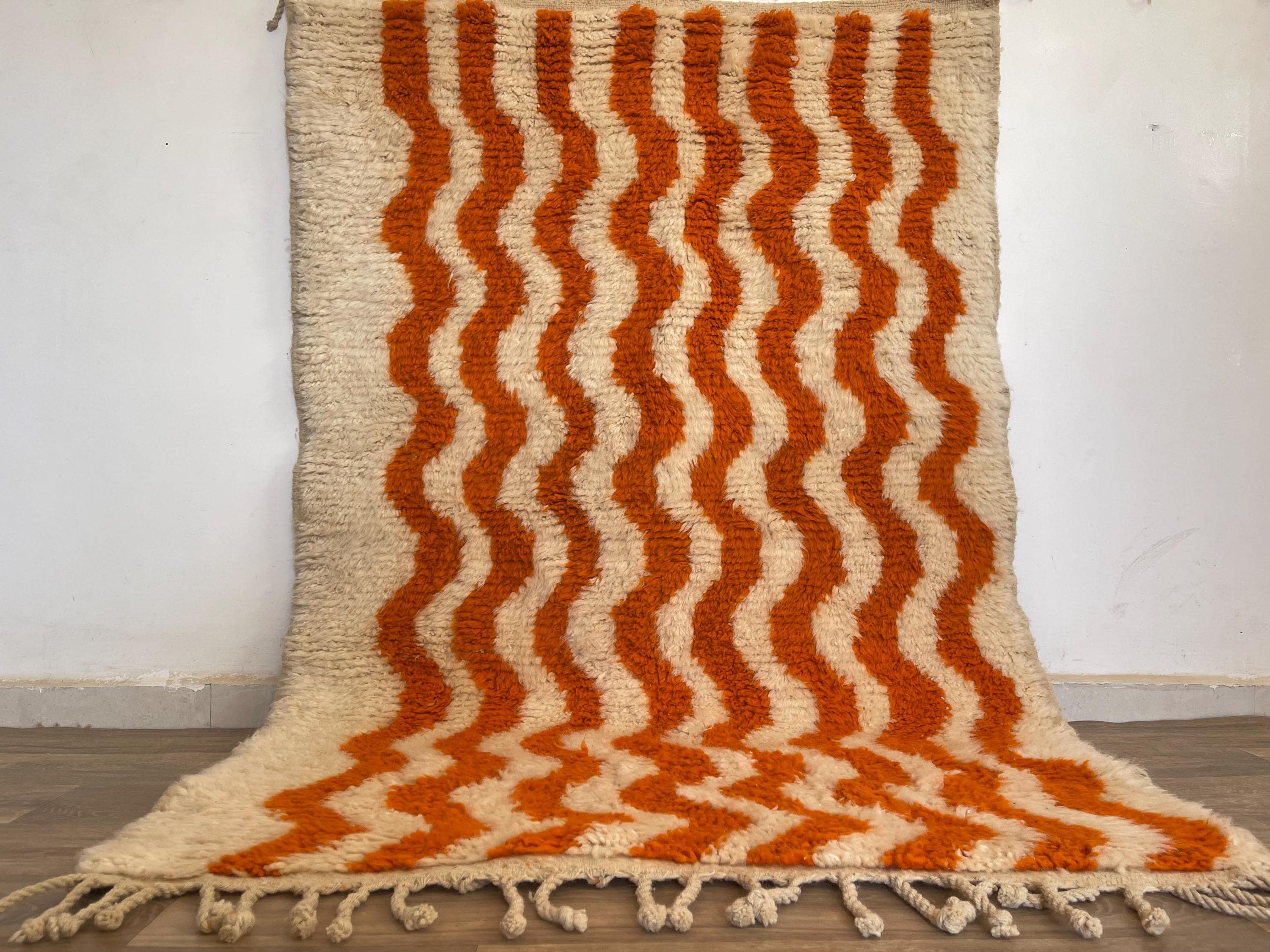 Orange Moroccan Wool Rug – Striped Beni Ourain Rug – Handmade Thick Custom Carpet – Berber Rug for Living Room 10x14 – Soft Area Rug