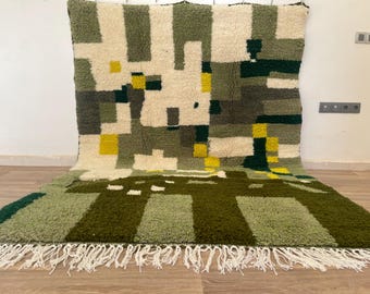 Moss Green Moroccan Wool Rug – Abstract Berber Carpet, Handmade