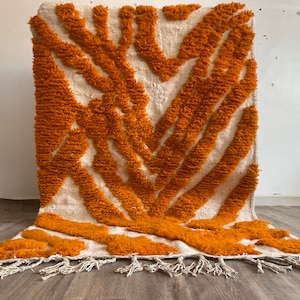 Orange Striped Moroccan Rug, Wool Berber Beni Ourain Rug