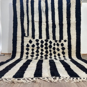 Custom Beni Ourain Rug, Artistic White & Black Striped Tufted Wool Rug