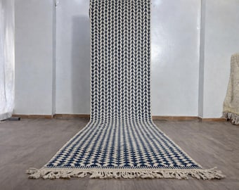 Deep Blue Moroccan Wool Runner Rug with Geometric Pattern & Fringe – Handmade Boho Hallway Decor