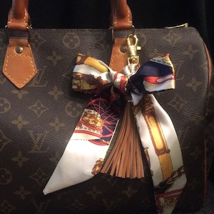 Purse braided scarf bag charm clip rich brown navy blue ivory design