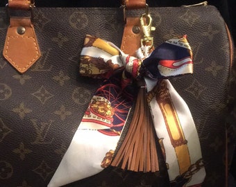 Purse braided scarf bag charm clip rich brown navy blue ivory design
