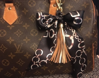 Braided Scarf Bow Tassel Purse Charm: Black, Ivory & Gold