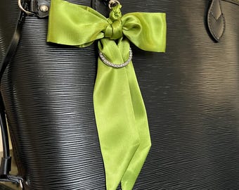 Lime Green Braided Scarf Bow Bag Charm with Silver Clip