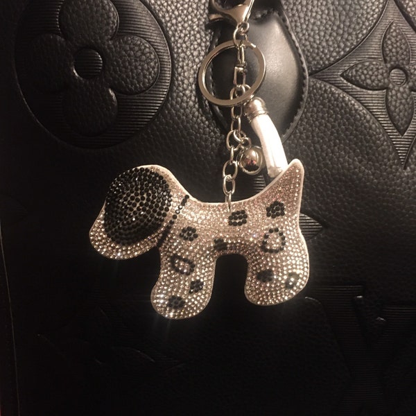 Purse DOG BLING charm crystal black white  keychain  silver clip on bag handle purse accessory