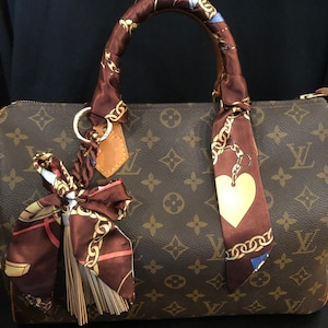 Purse scarf set 2 rich brown ivory gold + braided tassel clip bag charm