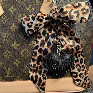 Purse scarf braided leopard bow  black sparkle heart with gold  clip on  bag  hardware . Beautiful handle charm accessory