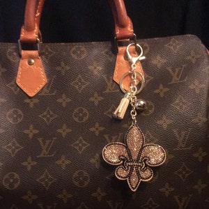 Bolso BLING Fleur de lis charm crystal black gold keychain gold clip on bag handle purse accessory