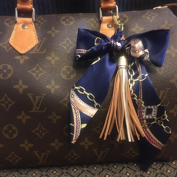 Purse scarf braided bow tassel keychain clip on bag charm accessory navy gold special order