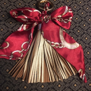 Purse scarf braided bow RED chain link design GOLD tassel O ring clip on  bag  purse tote charm accessory