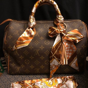 Purse scarf braided tassel charm + 2 matching handle rich brown gold  white gorgeous special order