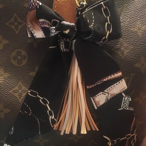 Purse tote scarf braided bow tassel keychain clip on bag charm black gold