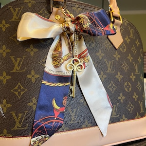 Braided Scarf Bag Charm: Navy, Ivory, Gold Key & Clip