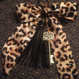 Purse Scarf Braided Leopard Bow Black Tassel Keychain Clip Bag 