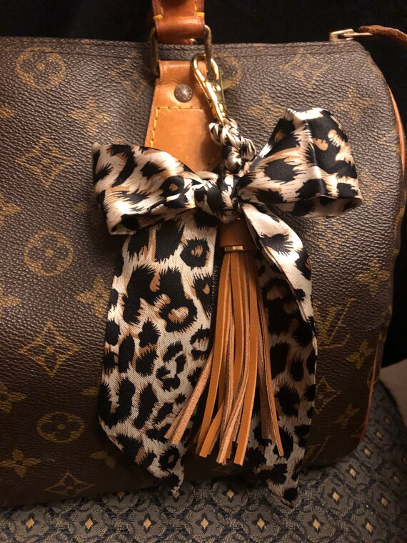 Purse Scarf Braided Leopard Bow Black Tassel Keychain Clip Bag 