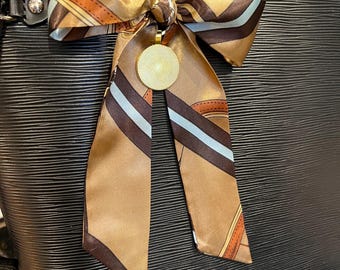 Braided Scarf Bow: Brown Stripe Bag Charm with Gold Medallion