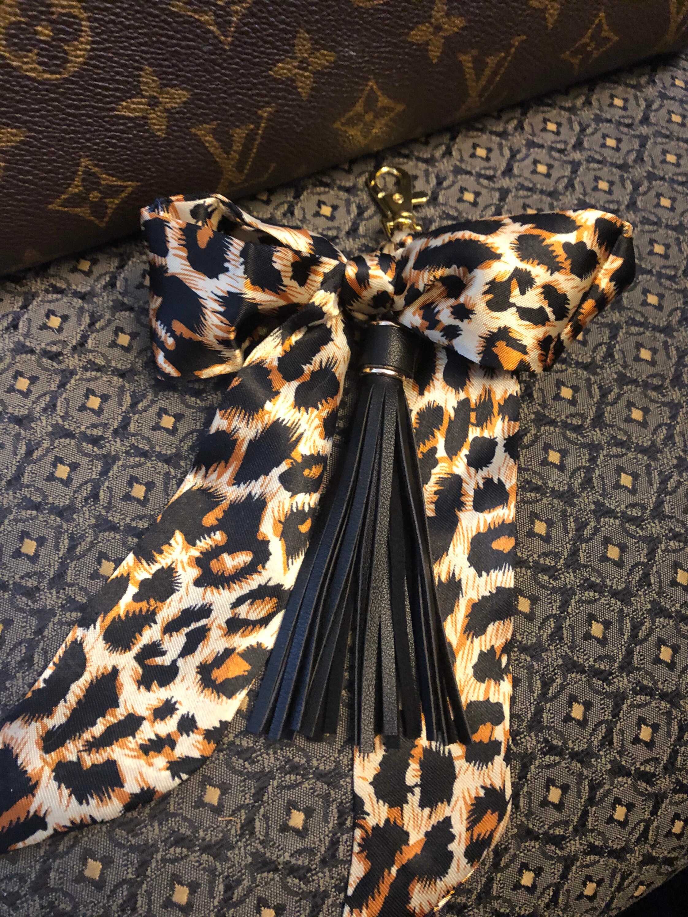 Purse Scarf Braided Leopard Bow Black Tassel Charm , Gold