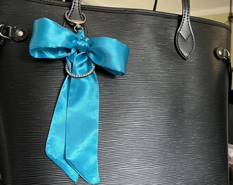 Turquoise Braided Bow Purse Scarf with Bling Ring - Silver Clip Charm