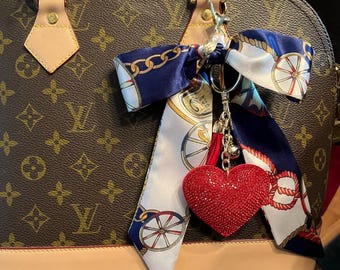 Braided Purse Scarf: Red Sparkle Heart Keychain Bag Charm