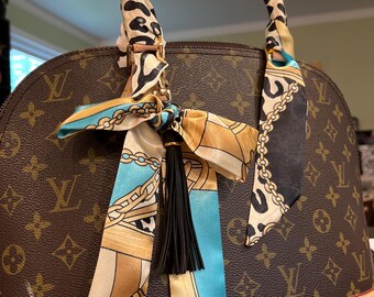 Purse scarf set 2 turquoise black design handle covers +braided  black tassel clip bag BOW charm