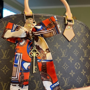 Braided Purse Scarf: Orange, Blue, Ivory Bag Charm with Gold Key