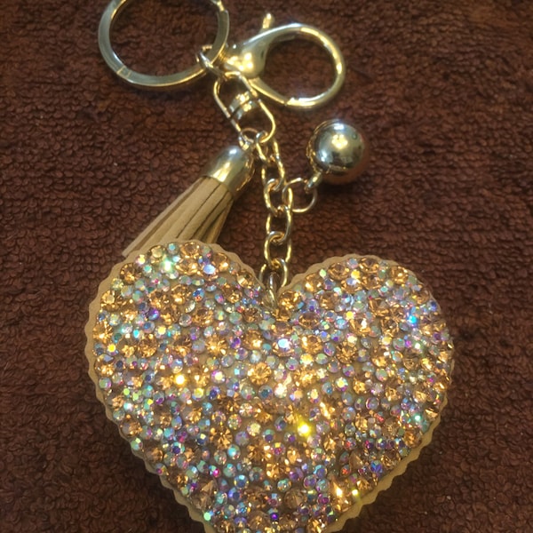 Purse heart  BLING charm crystal champagne beige keychain gold  clip on bag handle purse accessory