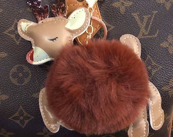 Purse Rudolph Reindeer brown POM  gold keychain clip on bag handle purse accessory