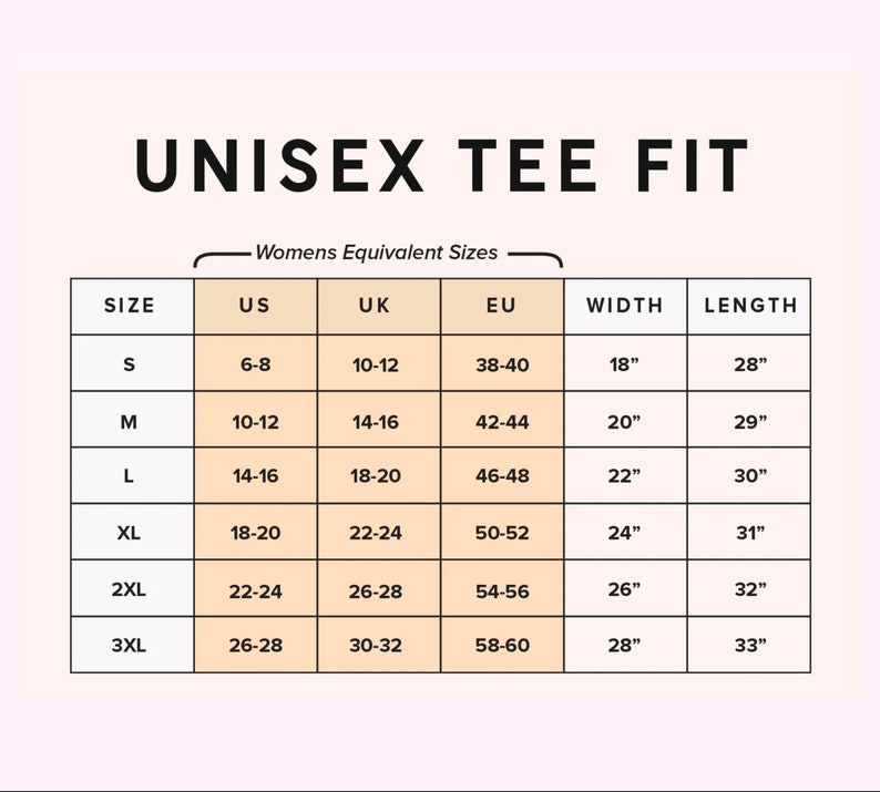 May include: A size chart for a unisex tee fit, with measurements in inches. The chart includes sizes S to 3XL, with corresponding US, UK, and EU sizes, along with width and length measurements.