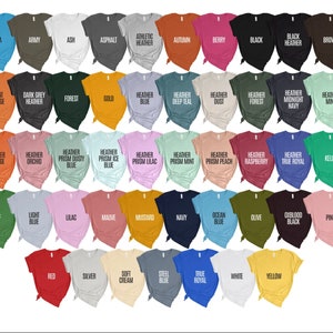 May include: A collection of various colored t-shirts, each displaying a different color name in white text. Colors include aqua, army, ash, asphalt, autumn, berry, black, brown, burnt orange, dark grey, forest, gold, and many more.