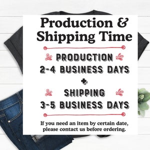 May include: A graphic with the text "Production & Shipping Time" in black. The text details production time as 2-4 business days and shipping time as 3-5 business days. The graphic is on a white background.