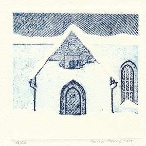 May include: A square print on off-white paper featuring a blue ink etching of a building with a pointed roof, a central arched doorway, and a side arched window. The sky is textured with blue lines, and the number 13/20 is written in pencil.