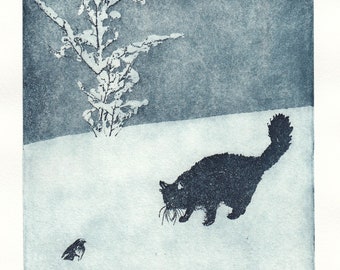 Cat and Bird, etching & aquatint