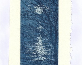 May include: A blue and white print of a moonlit forest scene with a single tree in the foreground. The print is signed "Julia Parnän-en" and numbered "6/20".