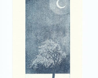 Puede incluir: Una impresión monocromática en azul y blanco sobre papel texturizado que representa un árbol solitario en un paisaje nevado bajo una luna creciente. El texto 2/15 (II) aparece abajo a la izquierda y la firma Julia Pärnänen a la derecha.