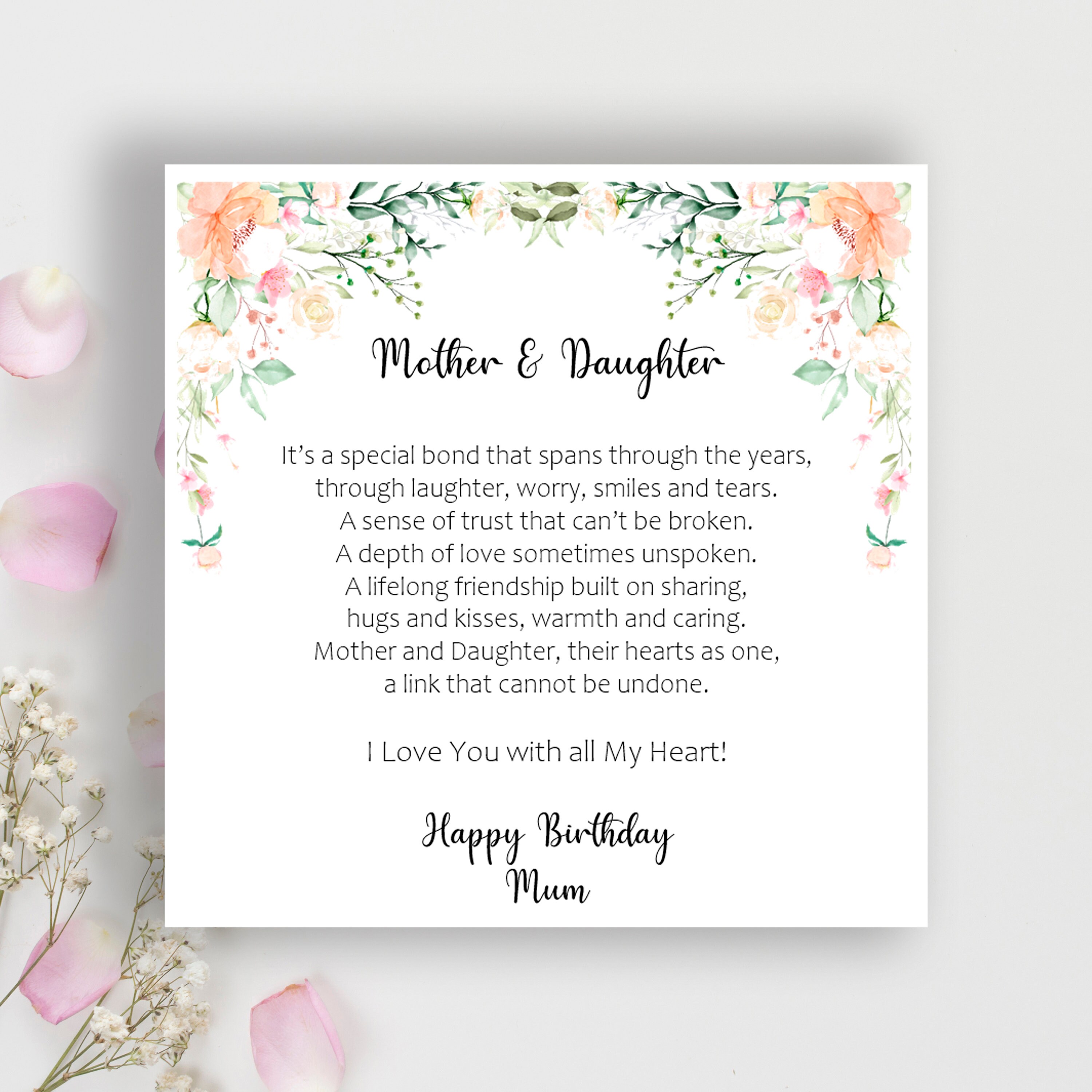 Mum Birthday Card Poem Mother and Daughter Mummy Mom | Etsy