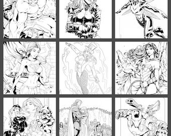May include: A collection of nine black and white comic book illustrations featuring various superheroes and characters. The illustrations are in a variety of poses and styles, and they are all drawn in a detailed and realistic manner.