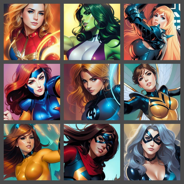 58 x Superheroine Character Portrait Clipart - PNG images- Superhero Costumes Clipart, comic heroes, profile pic, cool marvellous characters