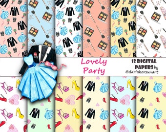 Lovely Party Digital Paper Pack Pattern Design Digital Papers Party Shoes Makeup Dress Love Fashion Party Stickers Supplies